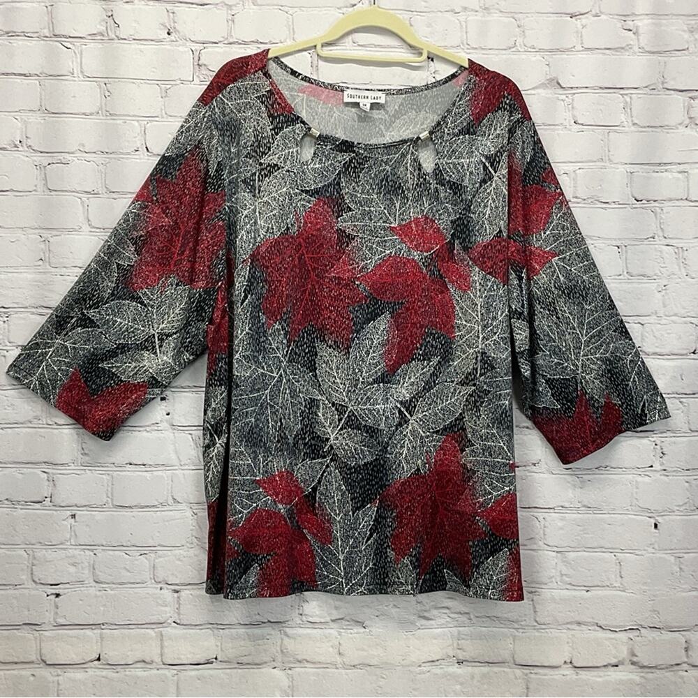 Southern Lady Tunic Top Women's Plus Size 3x Gray/Black/Wine Leaf Print Business - Picture 5 of 6